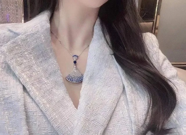 Fan-Shaped Gradient Blue Sapphire and Pavé Diamond Pendant Necklace 2
