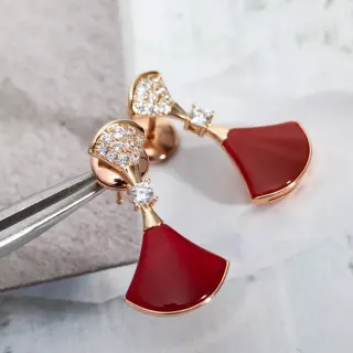 Fan-Shaped Red Enamel and Pavé Crystal Dangling Earrings