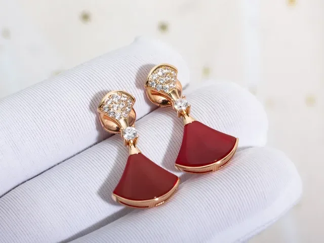 Fan-Shaped Red Enamel and Pavé Crystal Dangling Earrings 4