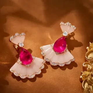 Fan-Shaped White Stone and Pink Gemstone Diamond-Pavé Drop Earrings