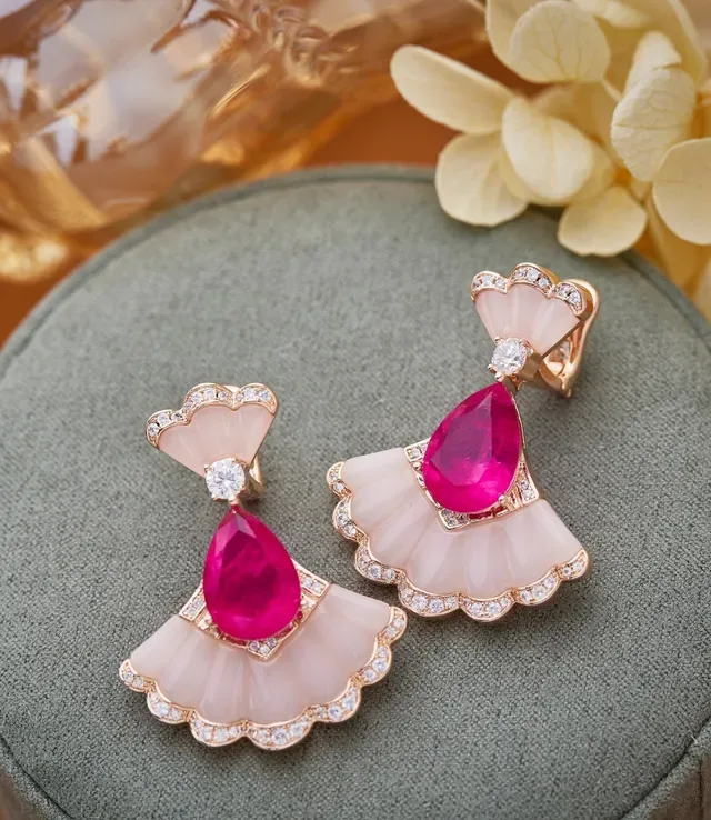 Fan-Shaped White Stone and Pink Gemstone Diamond-Pavé Drop Earrings 2