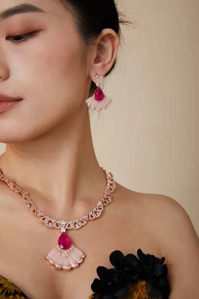 Fan-Shaped White Stone and Pink Gemstone Diamond-Pavé Drop Earrings 5