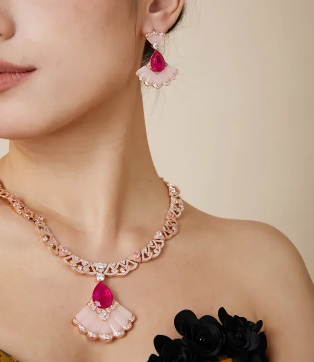 Fan-Shaped White Stone and Pink Gemstone Diamond-Pavé Drop Earrings 6