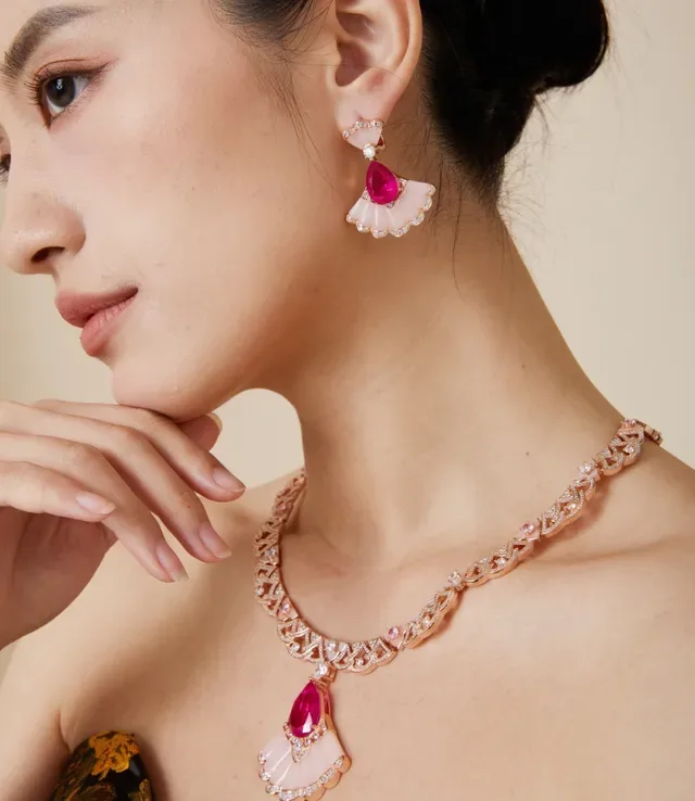 Fan-Shaped White Stone and Pink Gemstone Diamond-Pavé Drop Earrings 7