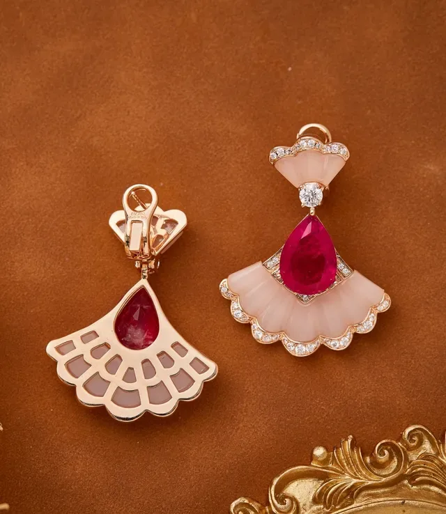 Fan-Shaped White Stone and Pink Gemstone Diamond-Pavé Drop Earrings 8