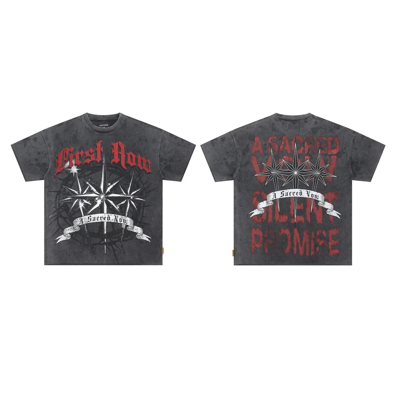 FIRST ROW Distressed Acid-Wash Graphic Print T-Shirt 2