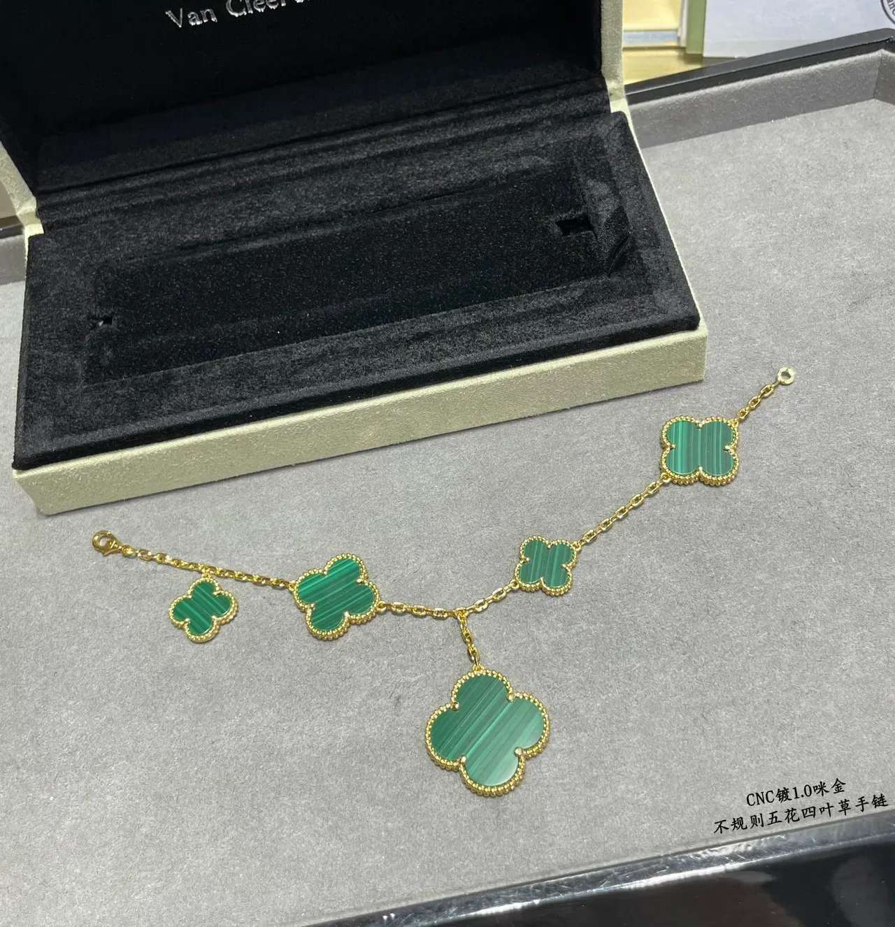 Five Clover Malachite Inlay Gold-Tone Beaded Bracelet 5