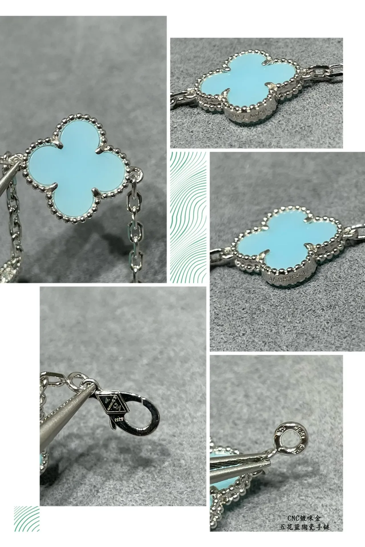 Five Clover-Shaped Light Blue Enamel Charm Bracelet 2