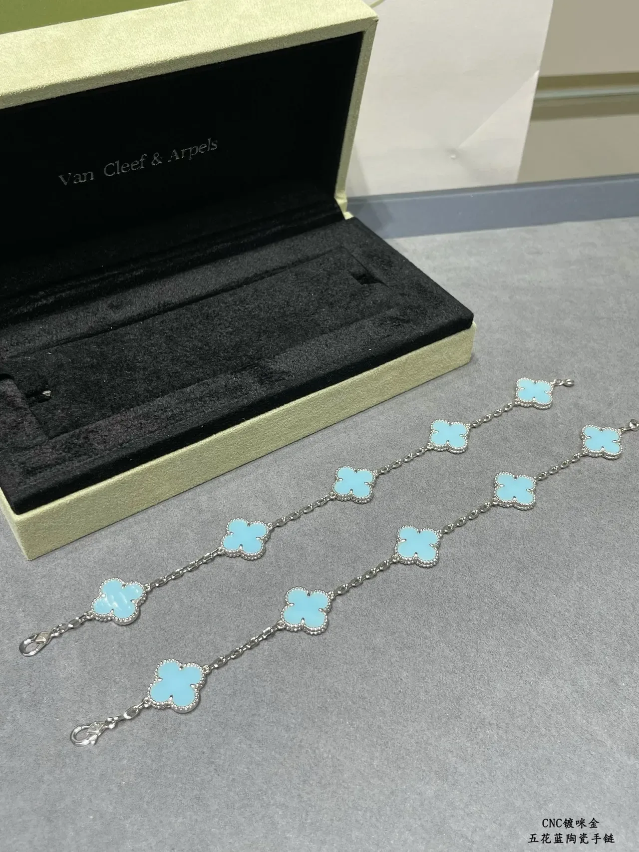 Five Clover-Shaped Light Blue Enamel Charm Bracelet 5
