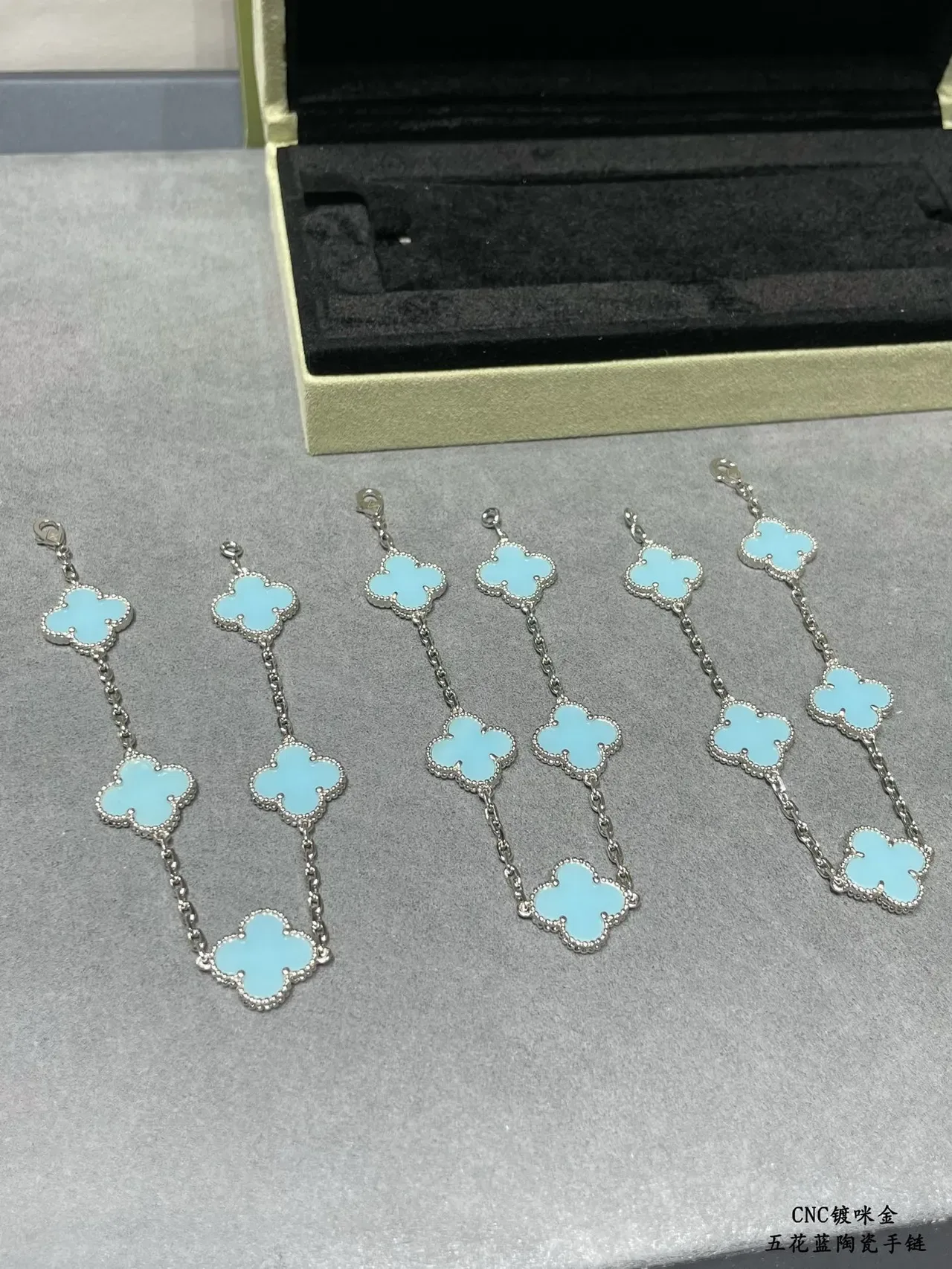 Five Clover-Shaped Light Blue Enamel Charm Bracelet 6