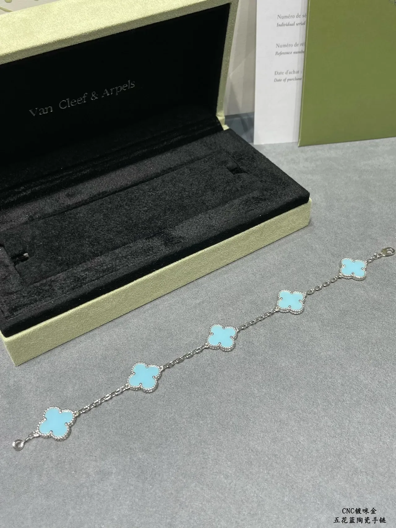 Five Clover-Shaped Light Blue Enamel Charm Bracelet 7