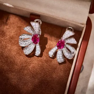 Floral Bow Motif Pavé Diamond and Ruby Earrings