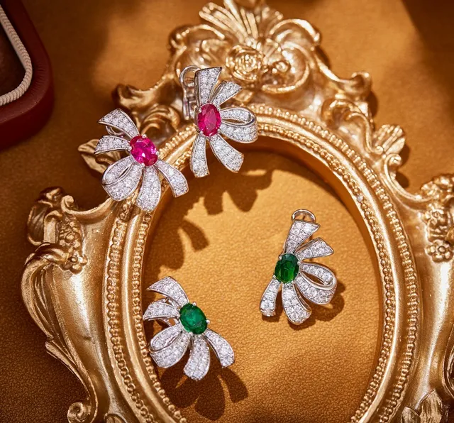Floral Bow Motif Pavé Diamond and Ruby Earrings 5