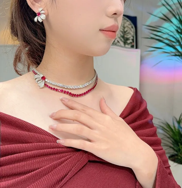 Floral Bow Motif Pavé Diamond and Ruby Earrings 6