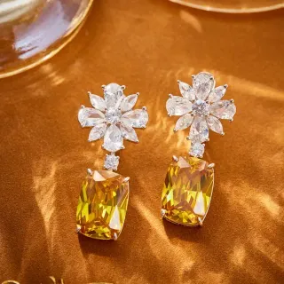 Floral Cluster and Rectangular Faceted Drop Earrings