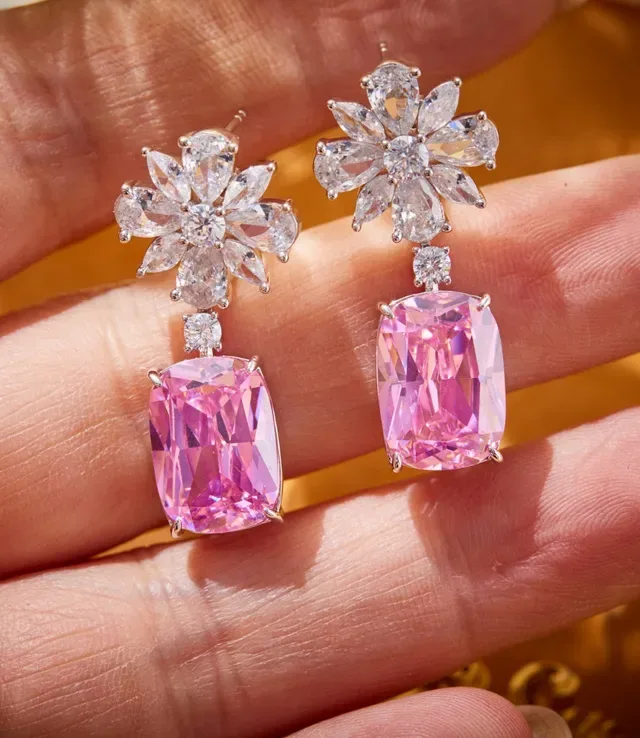 Floral Cluster and Rectangular Faceted Drop Earrings 3