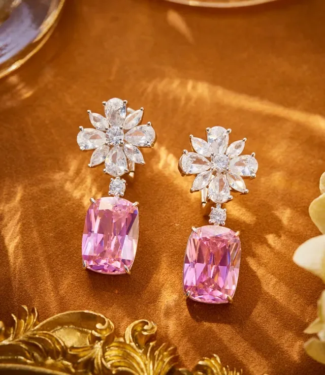 Floral Cluster and Rectangular Faceted Drop Earrings 7