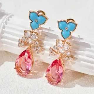 Floral Enamel and Pink Teardrop Drop Earrings