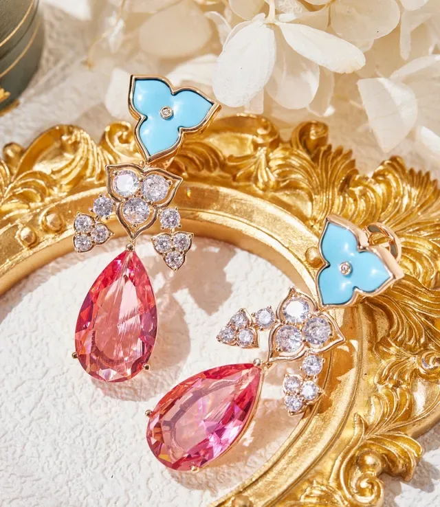 Floral Enamel and Pink Teardrop Drop Earrings 2