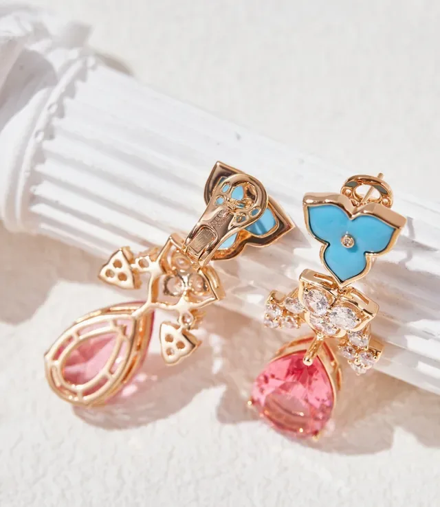 Floral Enamel and Pink Teardrop Drop Earrings 3