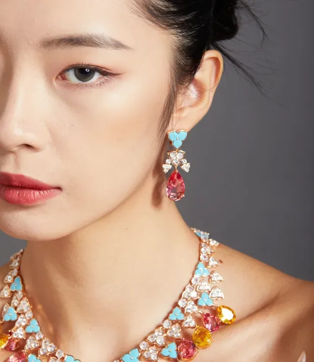 Floral Enamel and Pink Teardrop Drop Earrings 4