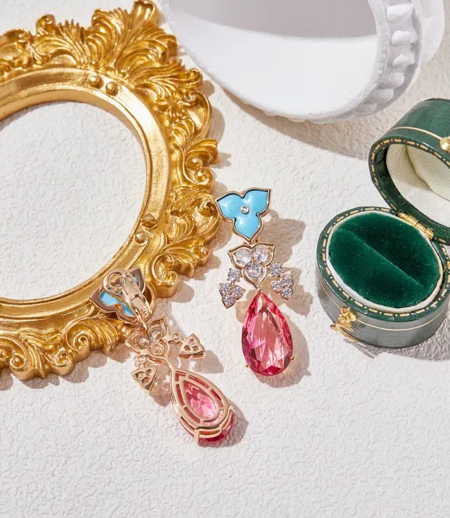 Floral Enamel and Pink Teardrop Drop Earrings 5