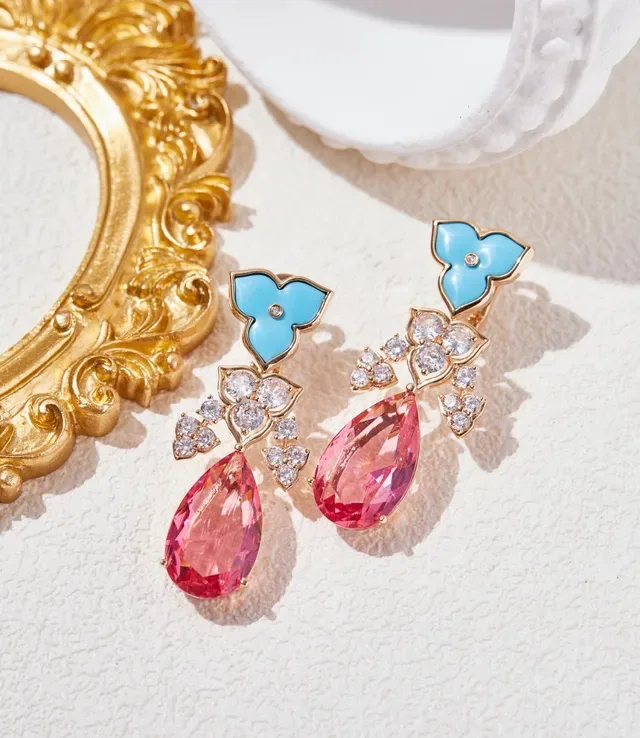Floral Enamel and Pink Teardrop Drop Earrings 7