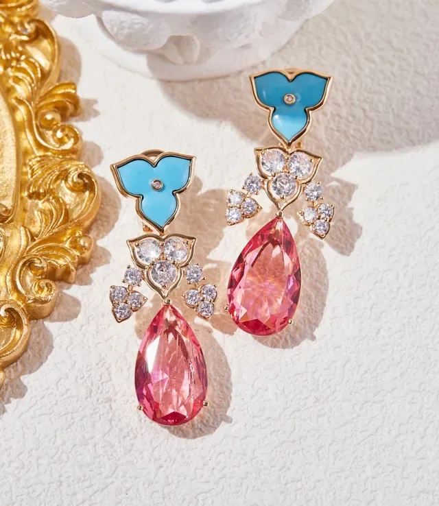 Floral Enamel and Pink Teardrop Drop Earrings 8