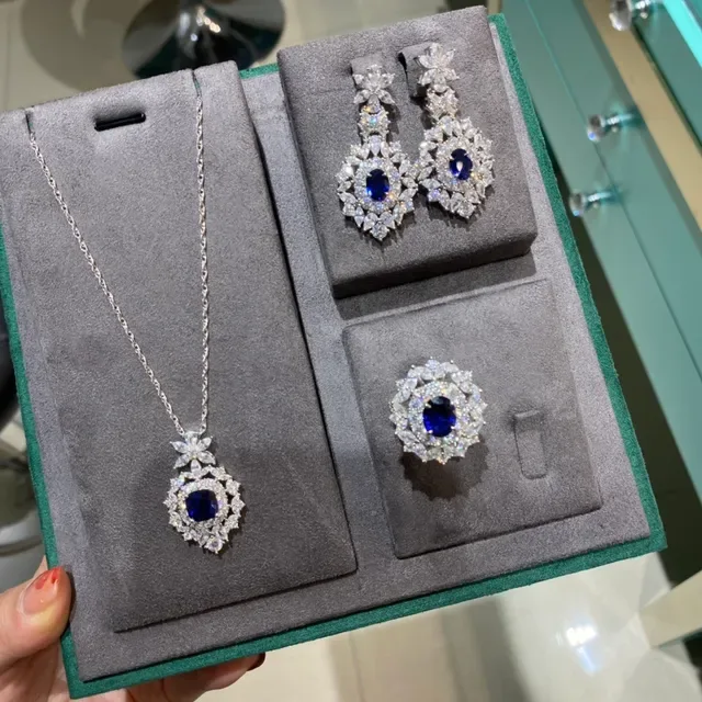 Floral Halo Cushion-Cut Blue Gemstone Pendant Necklace 2
