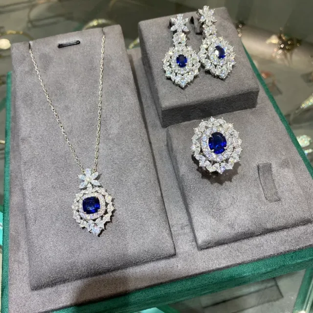 Floral Halo Cushion-Cut Blue Gemstone Pendant Necklace 3