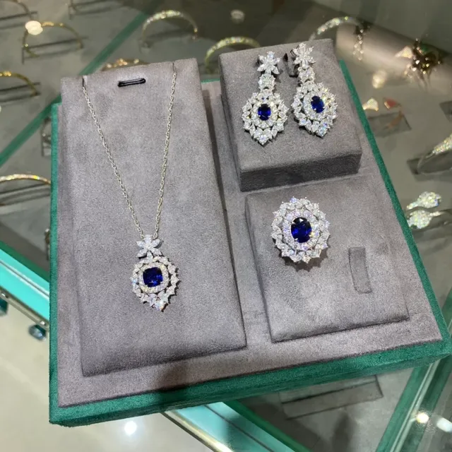 Floral Halo Cushion-Cut Blue Gemstone Pendant Necklace 4