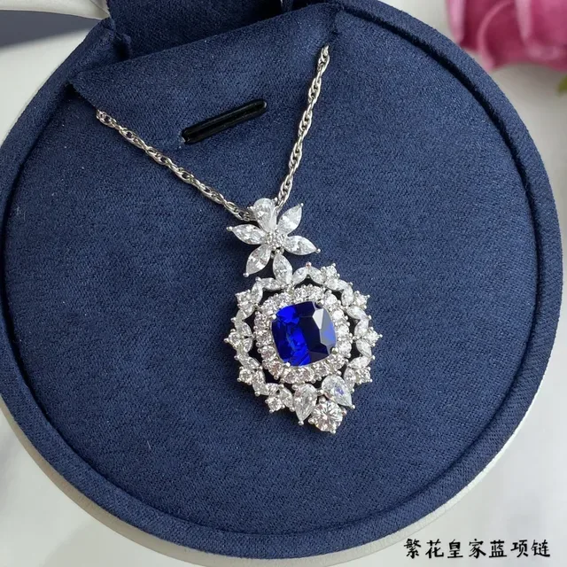 Floral Halo Cushion-Cut Blue Gemstone Pendant Necklace 5