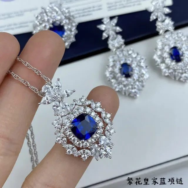 Floral Halo Cushion-Cut Blue Gemstone Pendant Necklace 8