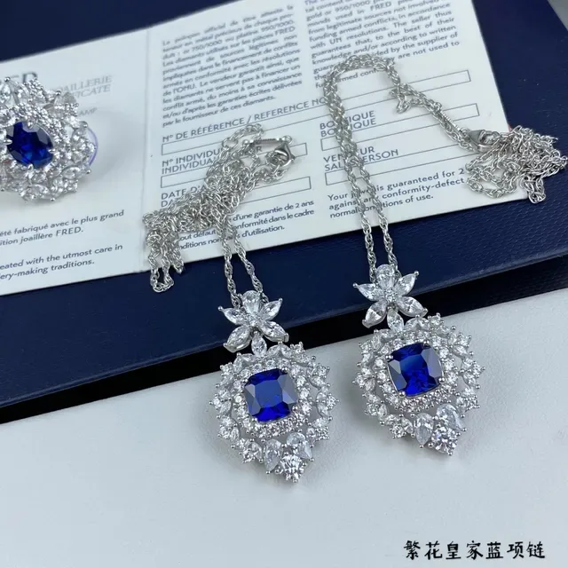 Floral Halo Cushion-Cut Blue Gemstone Pendant Necklace 9