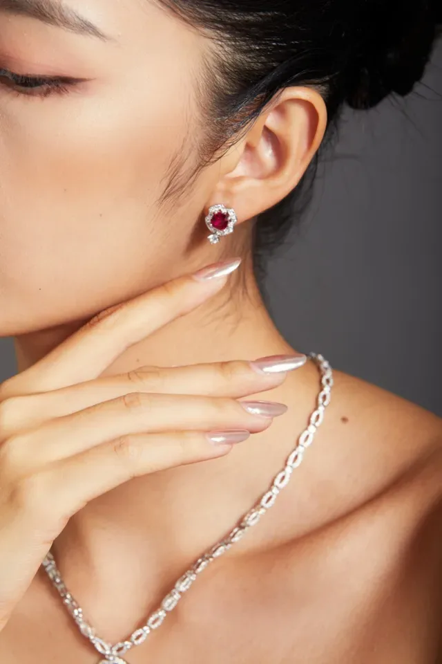 Floral Halo Ruby and Pink Sapphire Diamond Stackable Rings 4