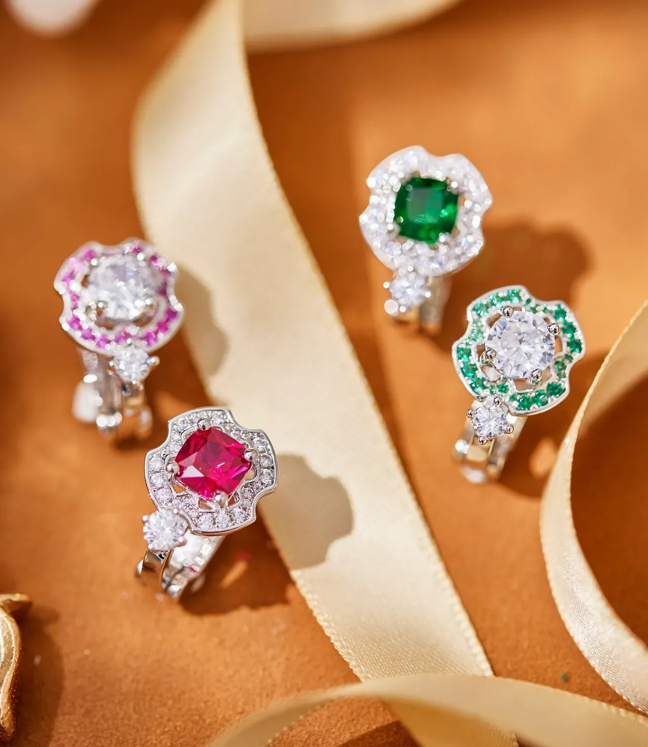 Floral Halo Ruby and Pink Sapphire Diamond Stackable Rings 5