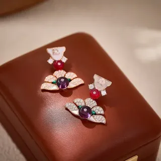 Floral Motif Pavé Diamond and Gemstone Drop Earrings