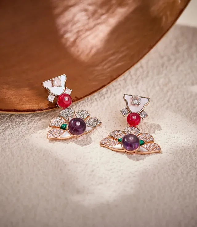 Floral Motif Pavé Diamond and Gemstone Drop Earrings 2