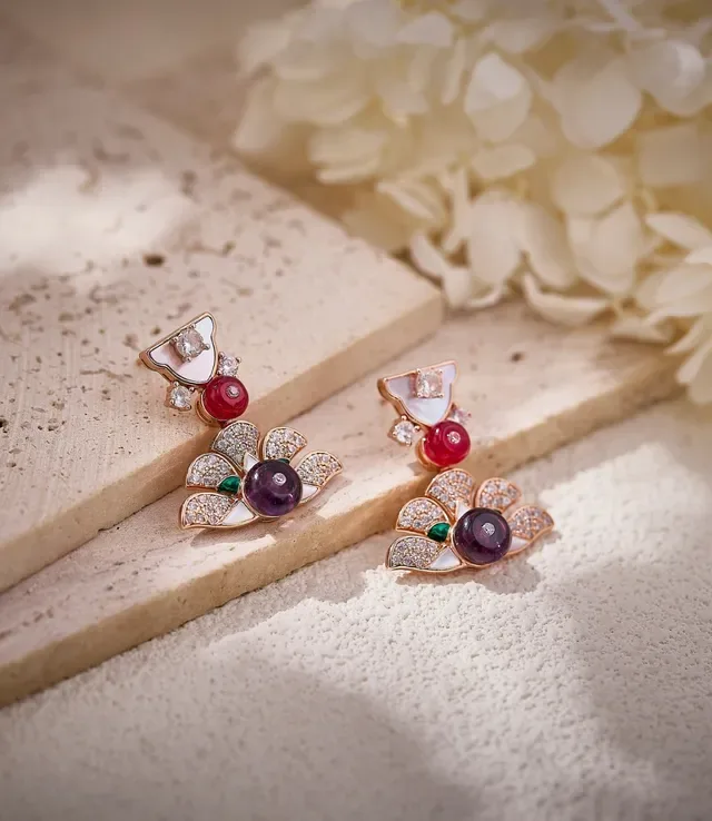 Floral Motif Pavé Diamond and Gemstone Drop Earrings 3