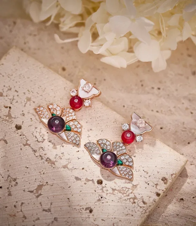 Floral Motif Pavé Diamond and Gemstone Drop Earrings 4
