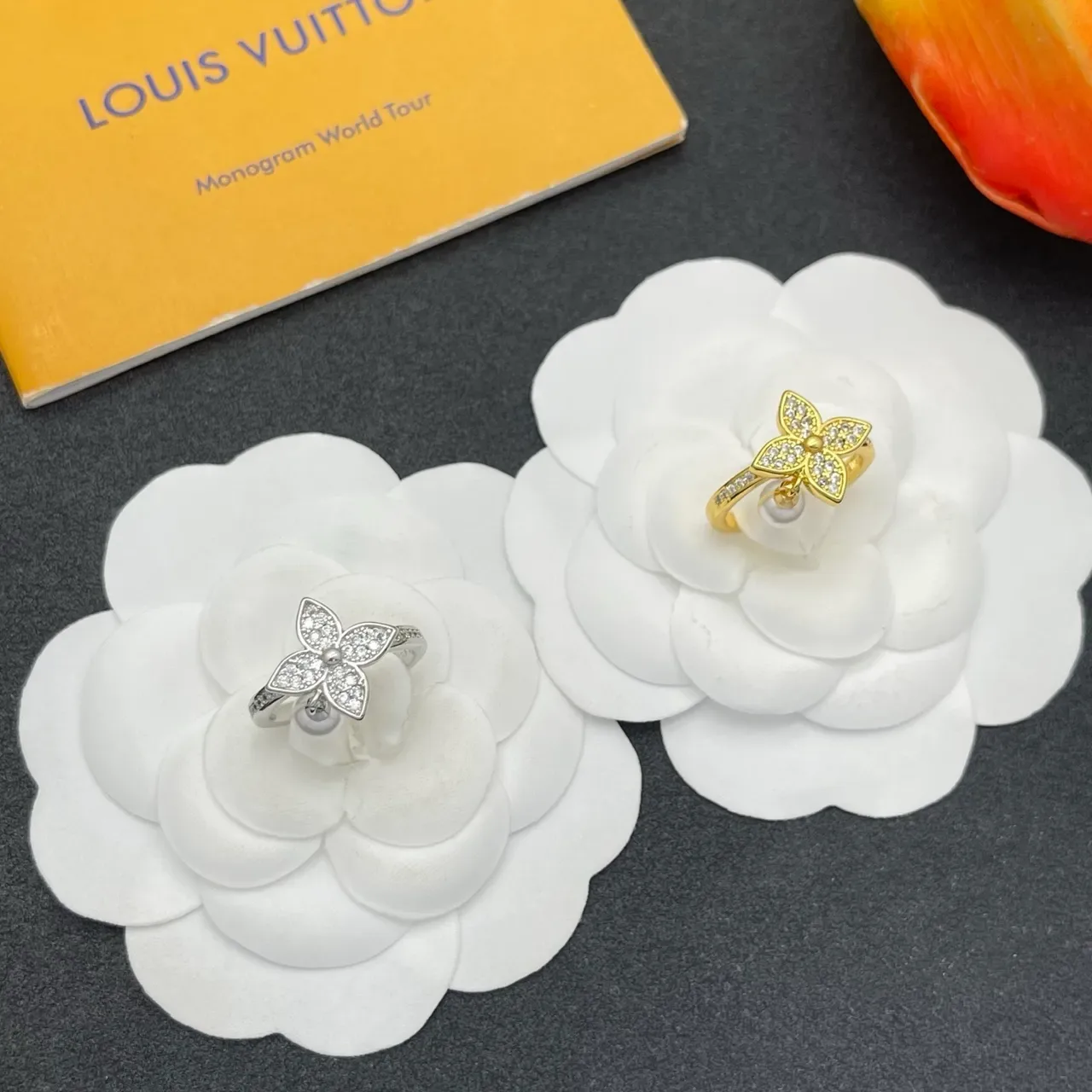 Floral Pavé Dangling Pearl Gold-Tone Ring 2