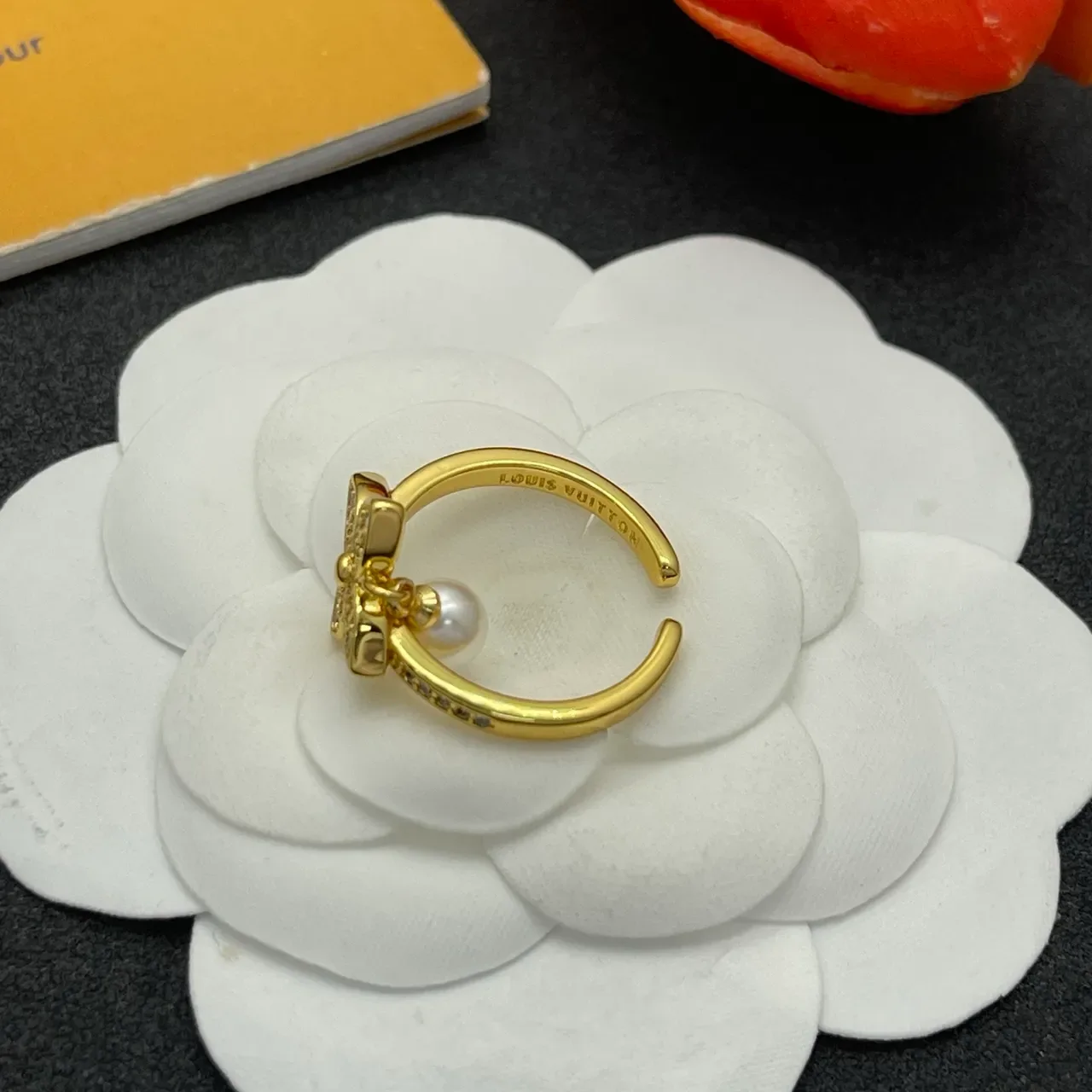 Floral Pavé Dangling Pearl Gold-Tone Ring 3