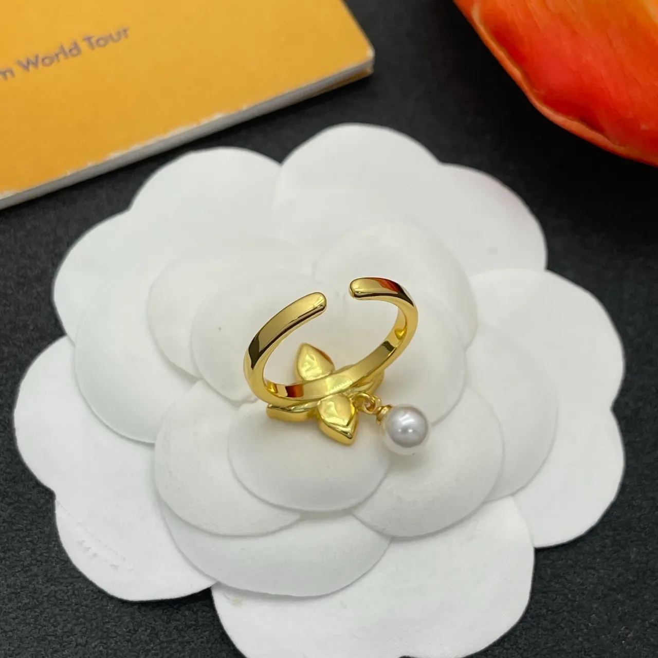Floral Pavé Dangling Pearl Gold-Tone Ring 4