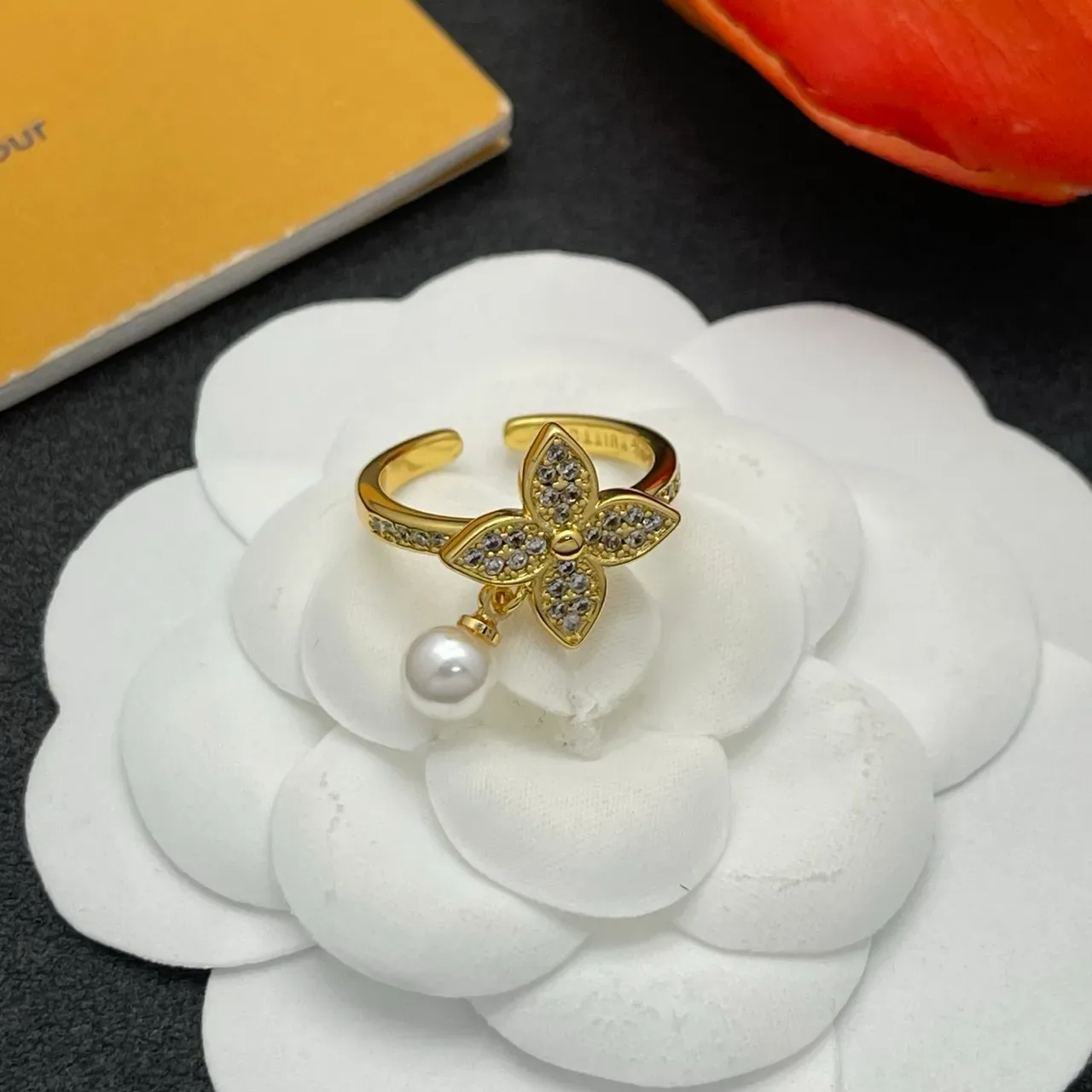 Floral Pavé Dangling Pearl Gold-Tone Ring 5