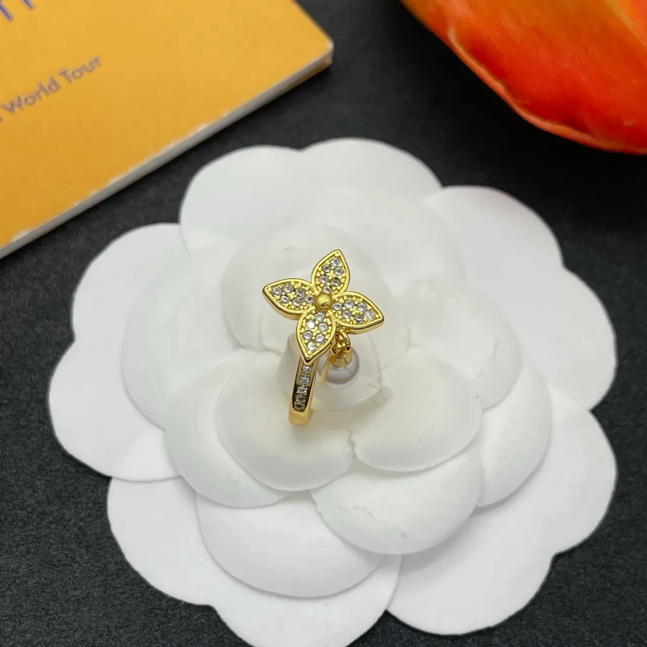 Floral Pavé Dangling Pearl Gold-Tone Ring 6