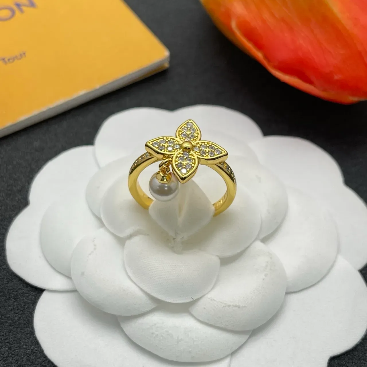 Floral Pavé Dangling Pearl Gold-Tone Ring 7