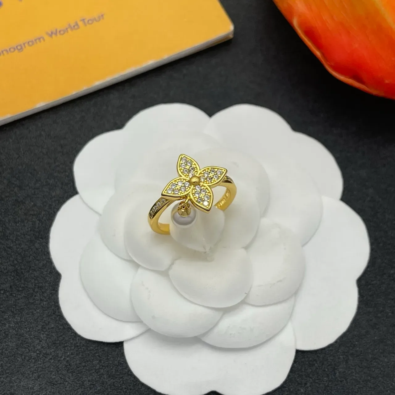 Floral Pavé Dangling Pearl Gold-Tone Ring 8