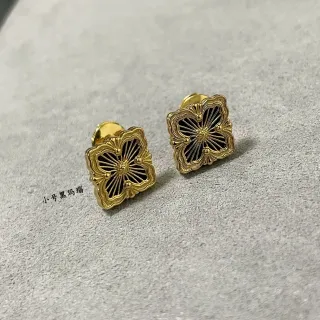 Floral Quatrefoil Black Inlay Gold-Tone Stud Earrings
