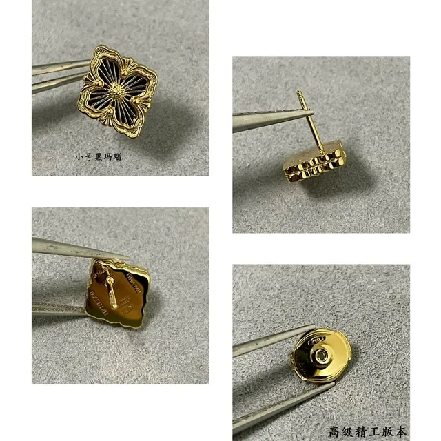 Floral Quatrefoil Black Inlay Gold-Tone Stud Earrings 2