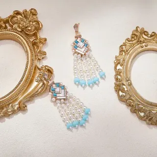 Geometric Mosaic Pearl and Turquoise Drop Earrings